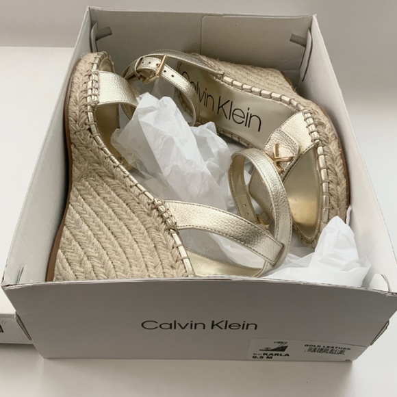 Calvin Klein Karla Gold Leather Espadrille Platform Wedge Slingback Sandals 9.5 - Picture 13 of 13